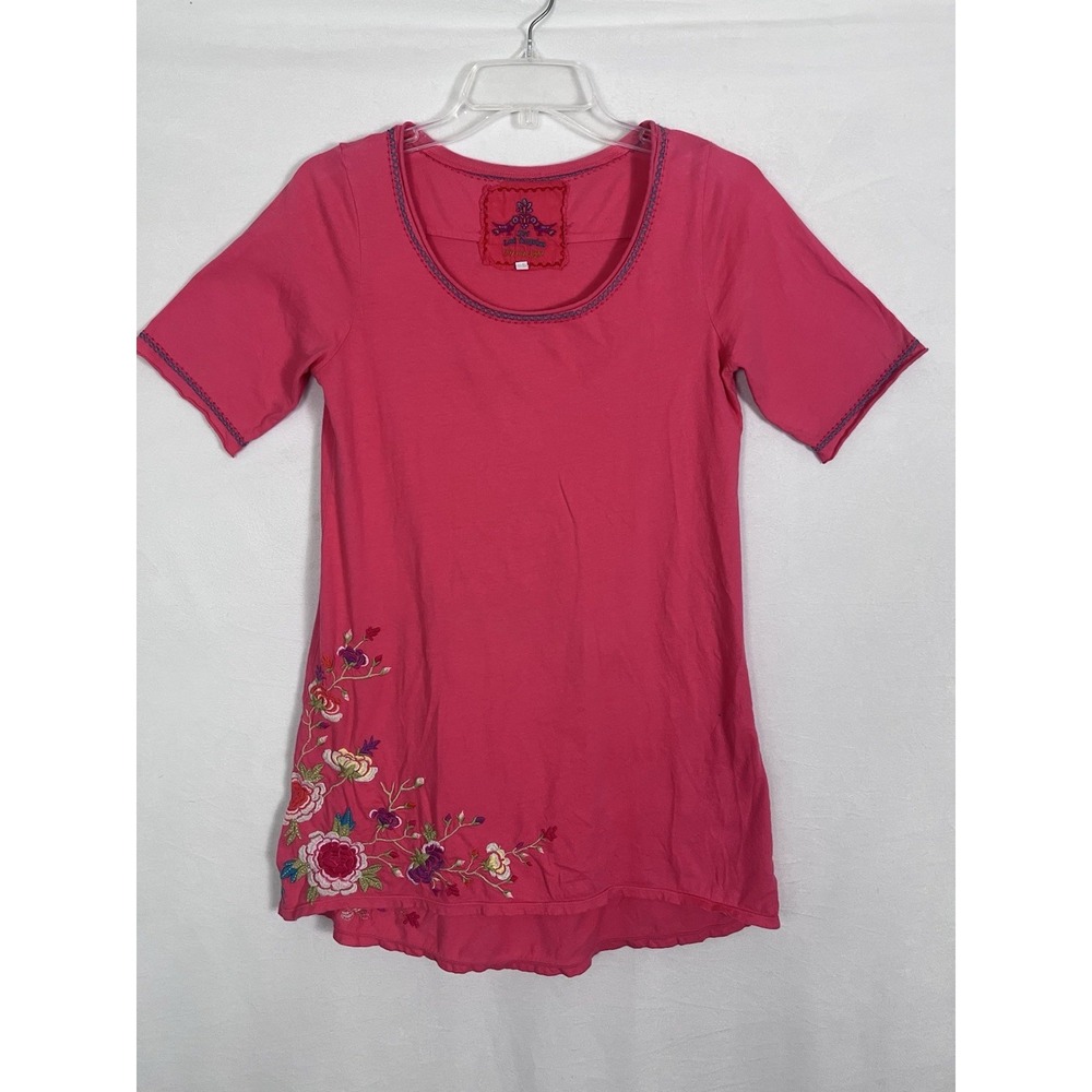 JW Los Angeles Johnny Was Pink Embroidered Boho Shirt Cotton Floral Size Small